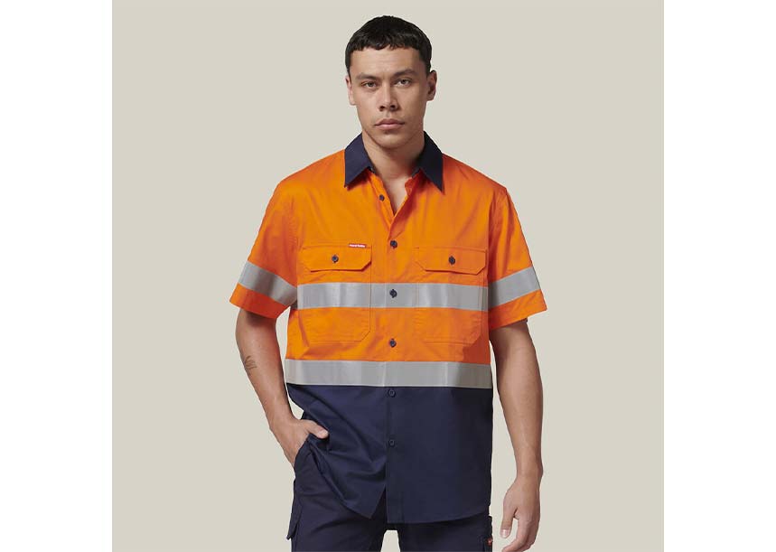 Y07754 Short Sleeve 2 Tone Taped Shirt ORANGE NAVY 2