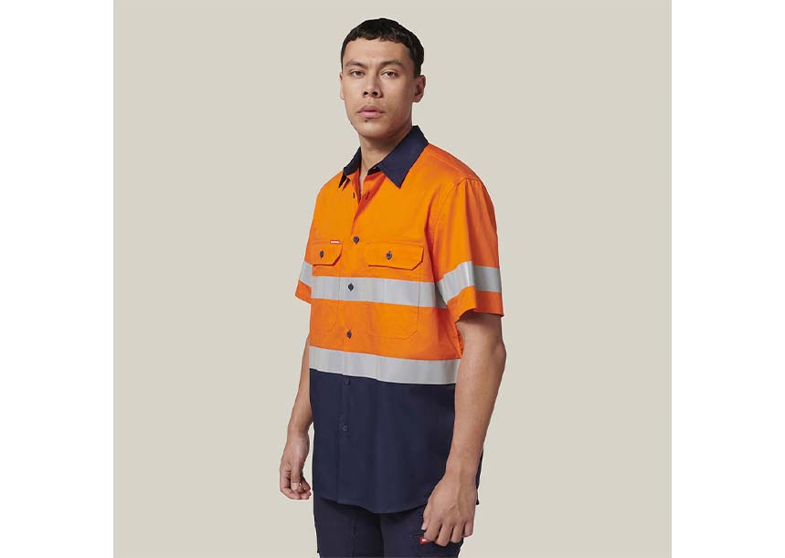 Y07754 Short Sleeve 2 Tone Taped Shirt ORANGE NAVY 3