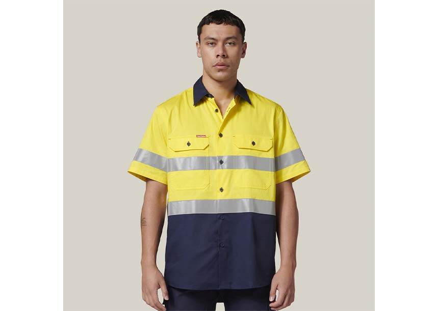 Y07754 Short Sleeve 2 Tone Taped Shirt YELLOW NAVY 1
