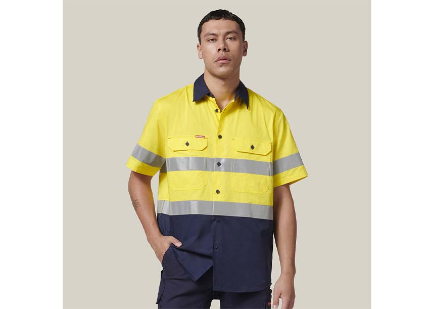 Y07754 Short Sleeve 2 Tone Taped Shirt YELLOW NAVY 2