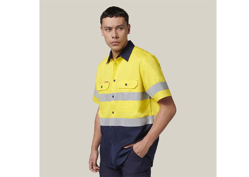 Y07754 Short Sleeve 2 Tone Taped Shirt YELLOW NAVY 3