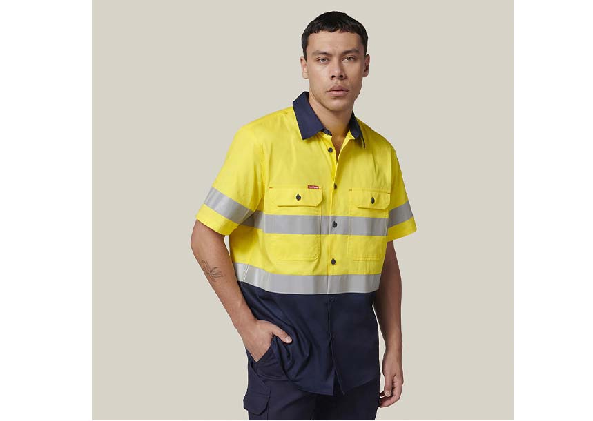 Y07754 Short Sleeve 2 Tone Taped Shirt YELLOW NAVY 4