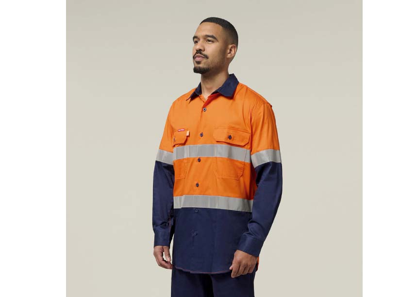 Y07978 2 Tone Taped Long Sleeve Cotton Shirt ORANGE NAVY 2