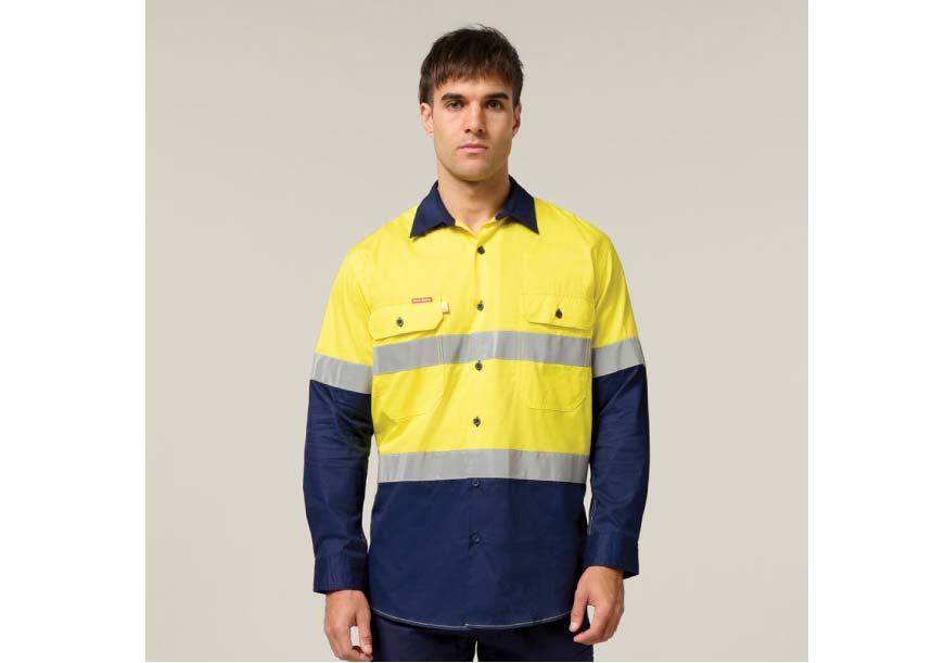 Y07978 2 Tone Taped Long Sleeve Cotton Shirt YELLOW NAVY 1