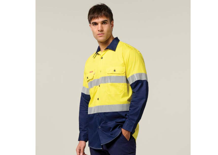 Y07978 2 Tone Taped Long Sleeve Cotton Shirt YELLOW NAVY 2