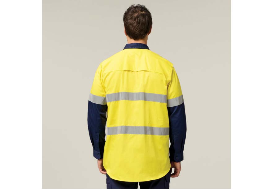 Y07978 2 Tone Taped Long Sleeve Cotton Shirt YELLOW NAVY 3